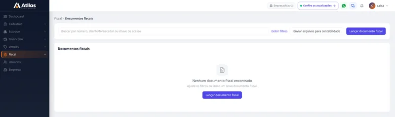 Tela de documentos fiscais do Atllas com busca e lançamento de documento fiscal