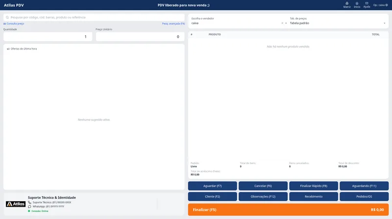 PDV Web do Atllas com busca de produtos, atalhos de teclado e botão Finalizar